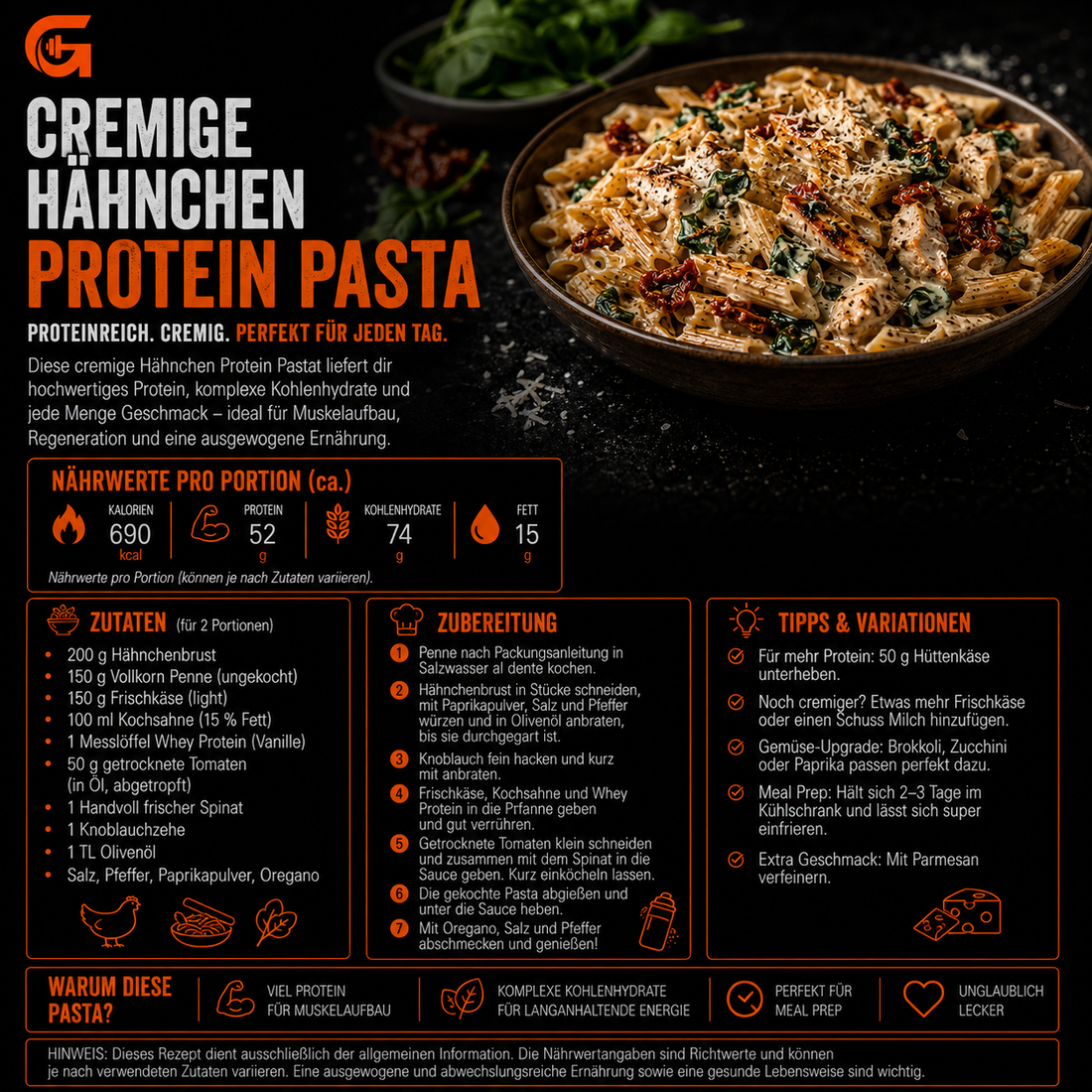 Cremige Hähnchen Protein Pasta – proteinreiches Rezept für Muskelaufbau