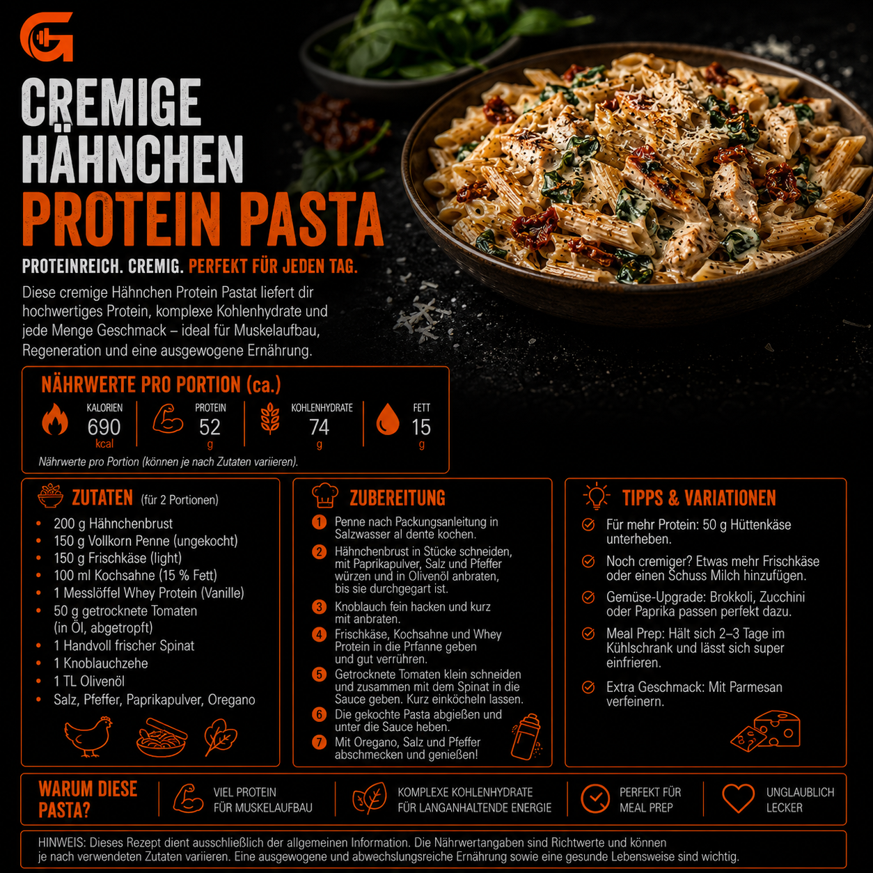 Cremige Hähnchen Protein Pasta – proteinreiches Rezept für Muskelaufbau