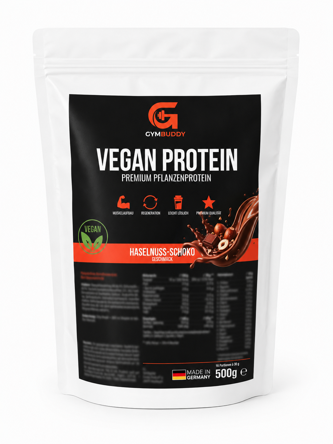 GymBuddy veganes Proteinpulver, Beutel 500 g, Haselnuss-Schoko-Flavor