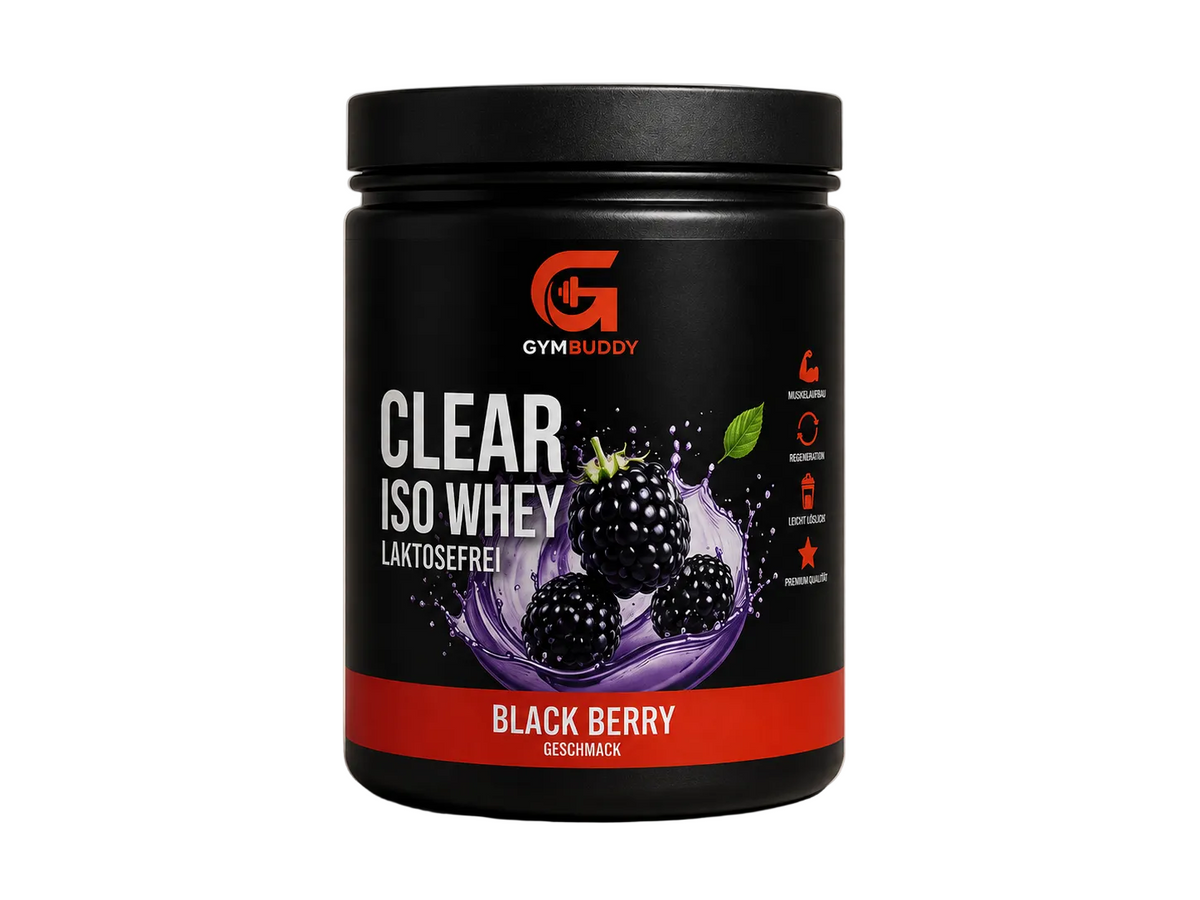 GymBuddy Clear iso-Whey, 400 g, Schwarze Beere, Laktofrei, schwarze Dose mit Deckel