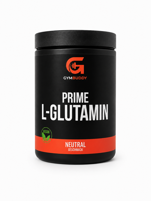 GymBuddy Prime L-Glutamin Dose, schwarzer Kunststoffbehälter mit orangefarbener Neutral-Aufschrift