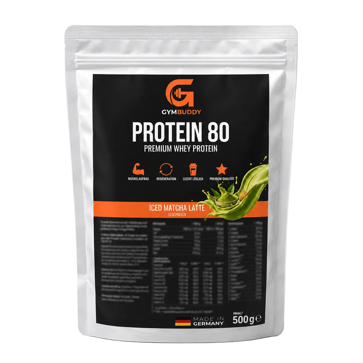 GymBuddy Protein 80 Beutel mit Iced Matcha Latte Geschmacksrichtung, 500 g